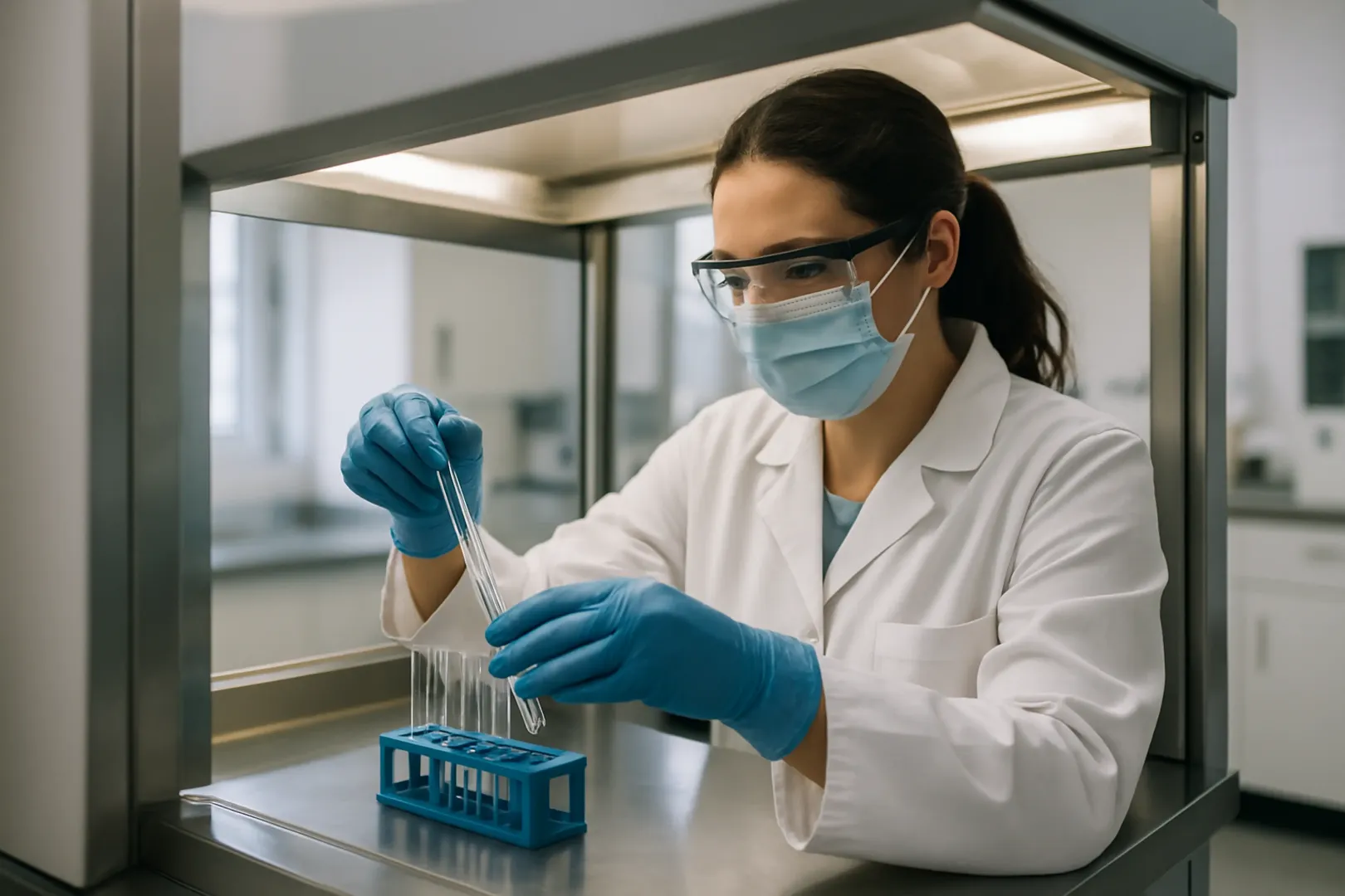 Técnica de laboratório com equipamento de proteção individual manuseando amostras, cenário de adicional de insalubridade