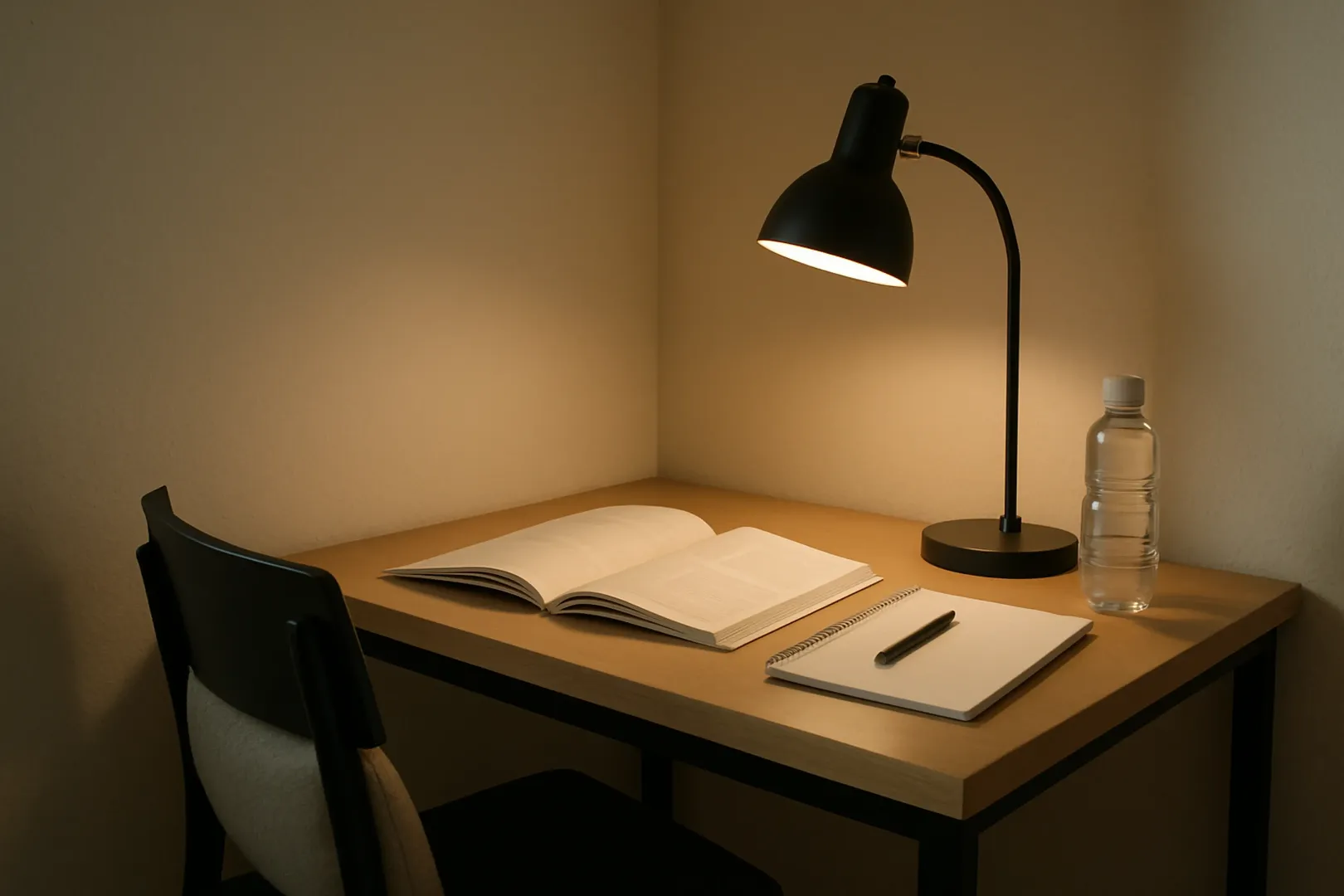Mesa de estudos organizada em casa com luminária lateral e apenas o material do dia