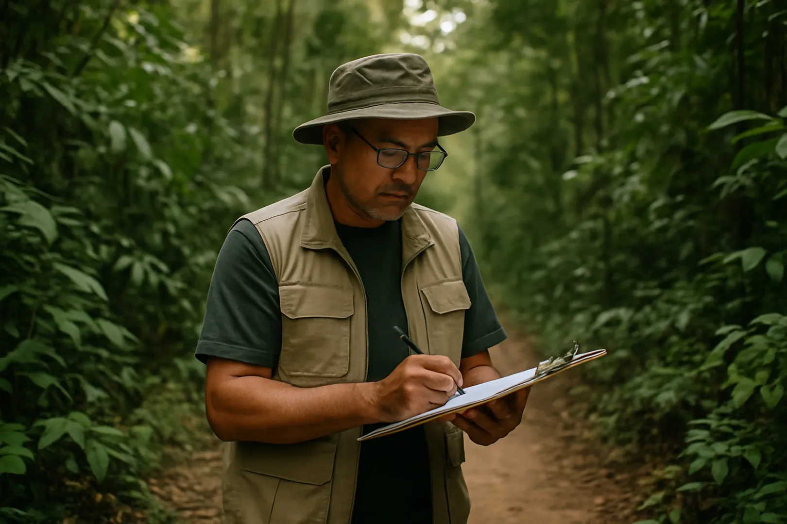 Profissional de fiscalização ambiental em trabalho de campo em área de vegetação