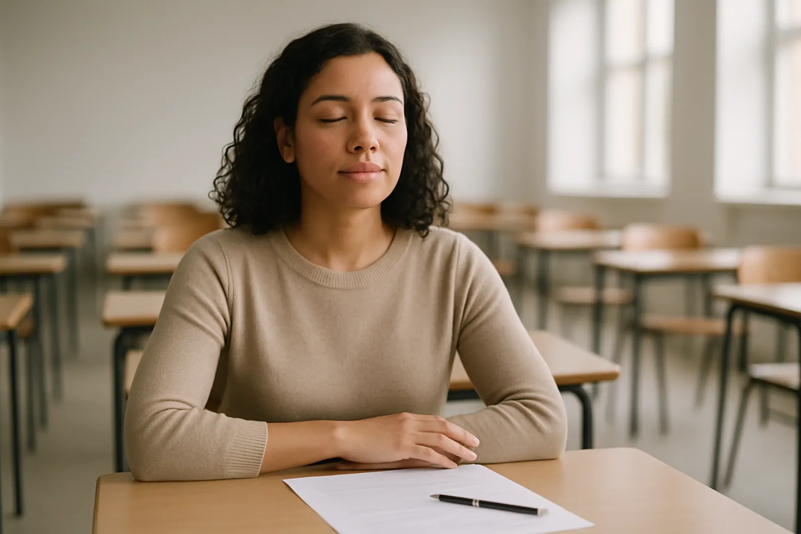 Candidata respirando com calma antes de iniciar a prova de concurso em sala de aula