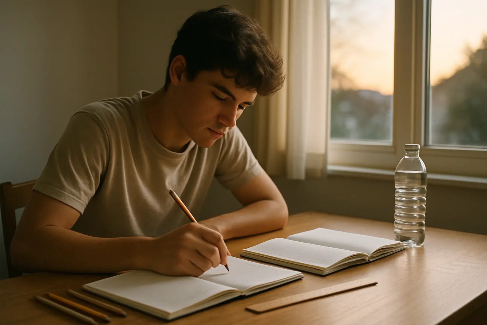 Jovem estudando para o concurso de Aprendiz de Marinheiro em mesa organizada