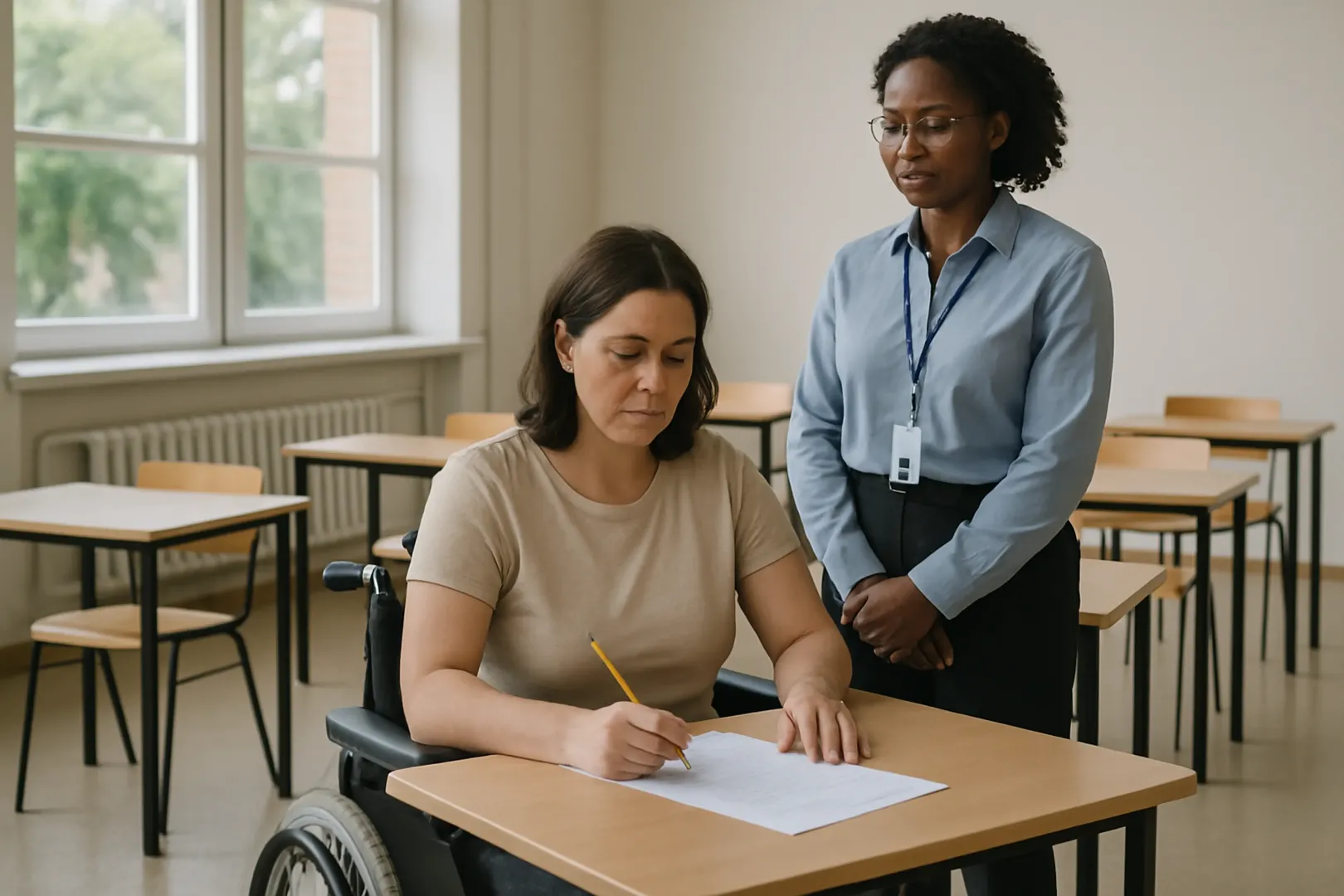 Candidata em sala de prova adaptada com mesa acessível e material de apoio para atendimento especial