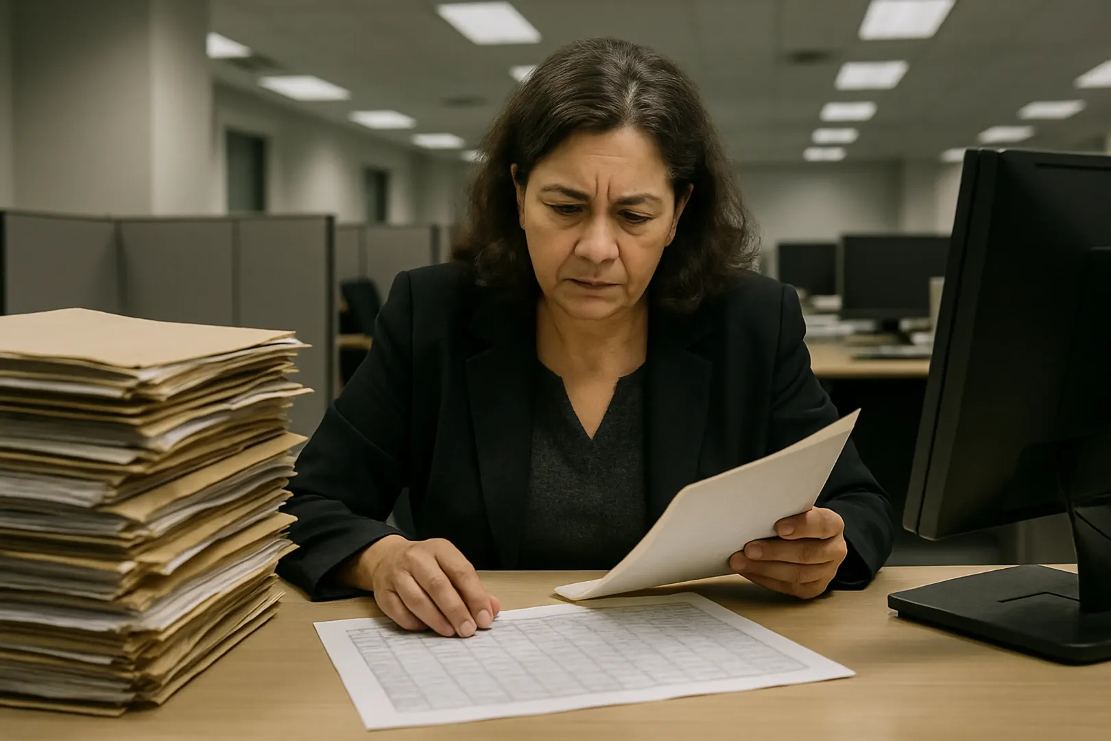 Auditor de controle interno analisando processos e planilhas de contratos em mesa de trabalho