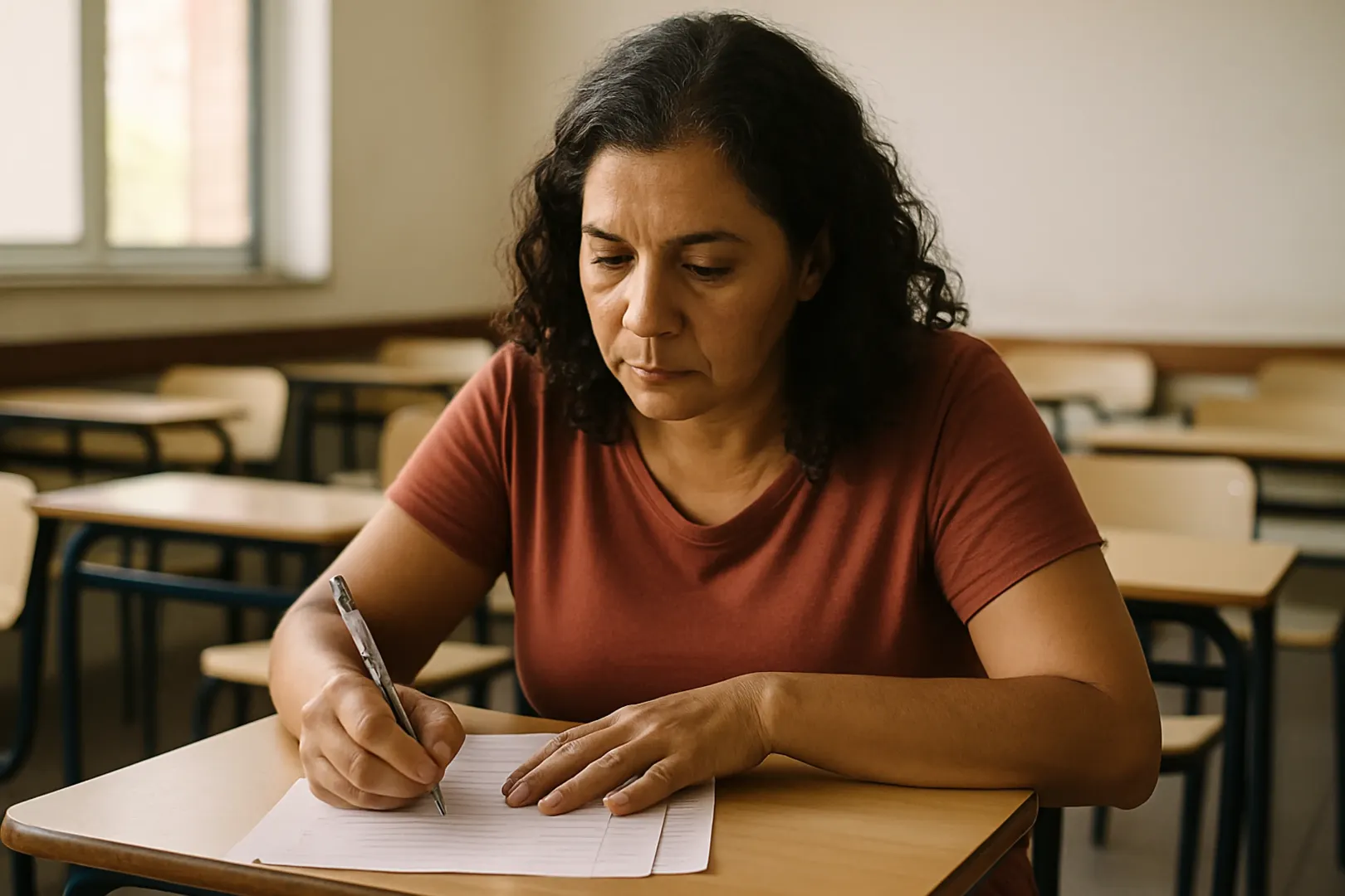 Candidata escrevendo redação à mão em folha pautada durante prova de concurso