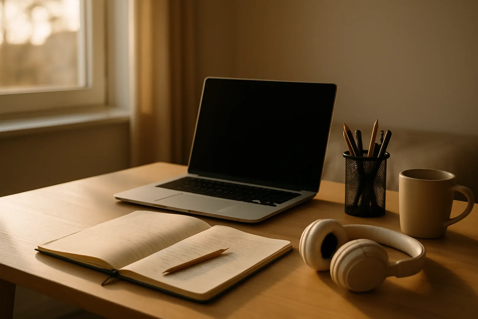 Mesa de estudo organizada com notebook aberto e caderno para treino com banco de questões