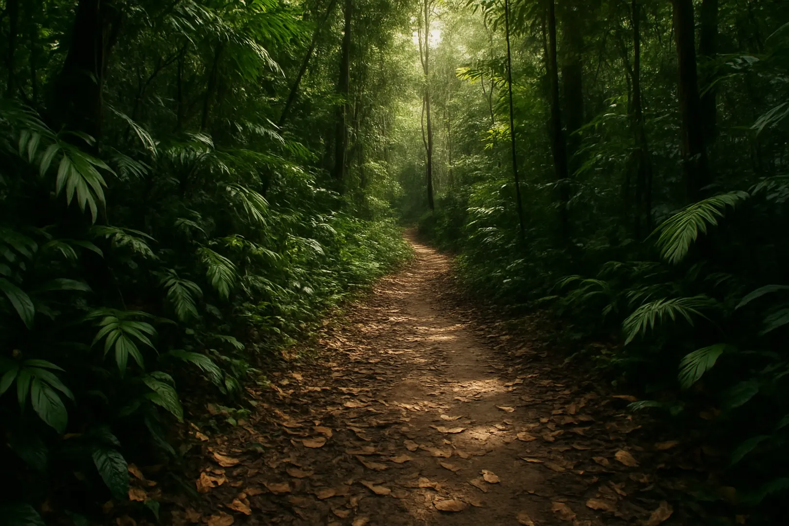 Trilha de mata com folhagem densa, cenário dos temas de ecologia cobrados em biologia no Enem