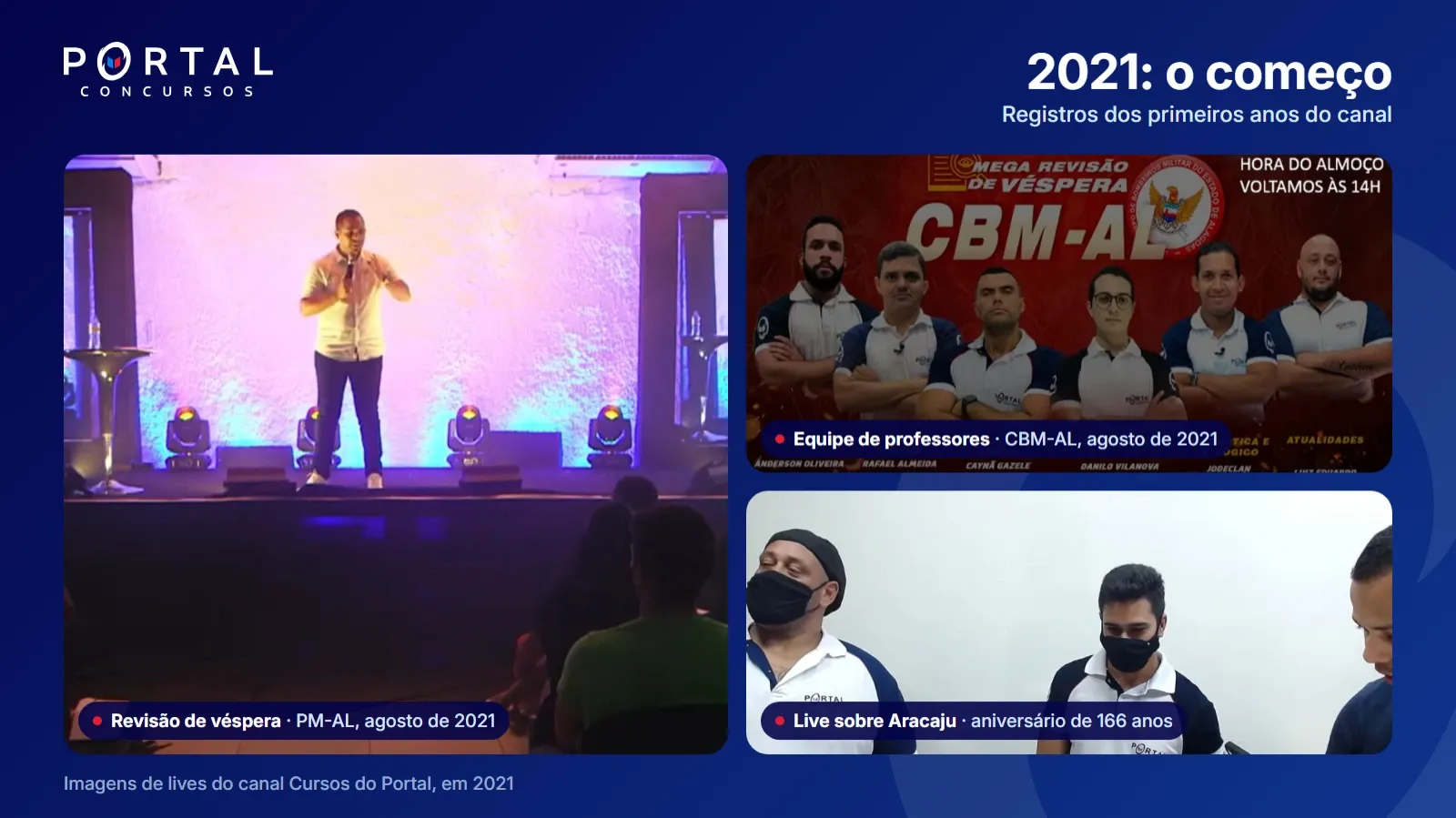 Registros de lives do Cursos do Portal em 2021: revisão de véspera da PM-AL, equipe de professores do CBM-AL e live sobre o aniversário de Aracaju