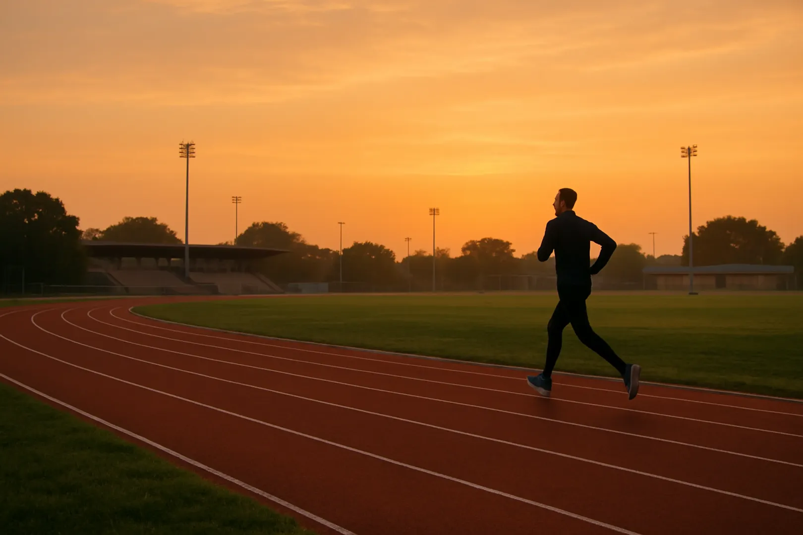 Pista de atletismo ao amanhecer usada para treino de corrida do teste de aptidão física