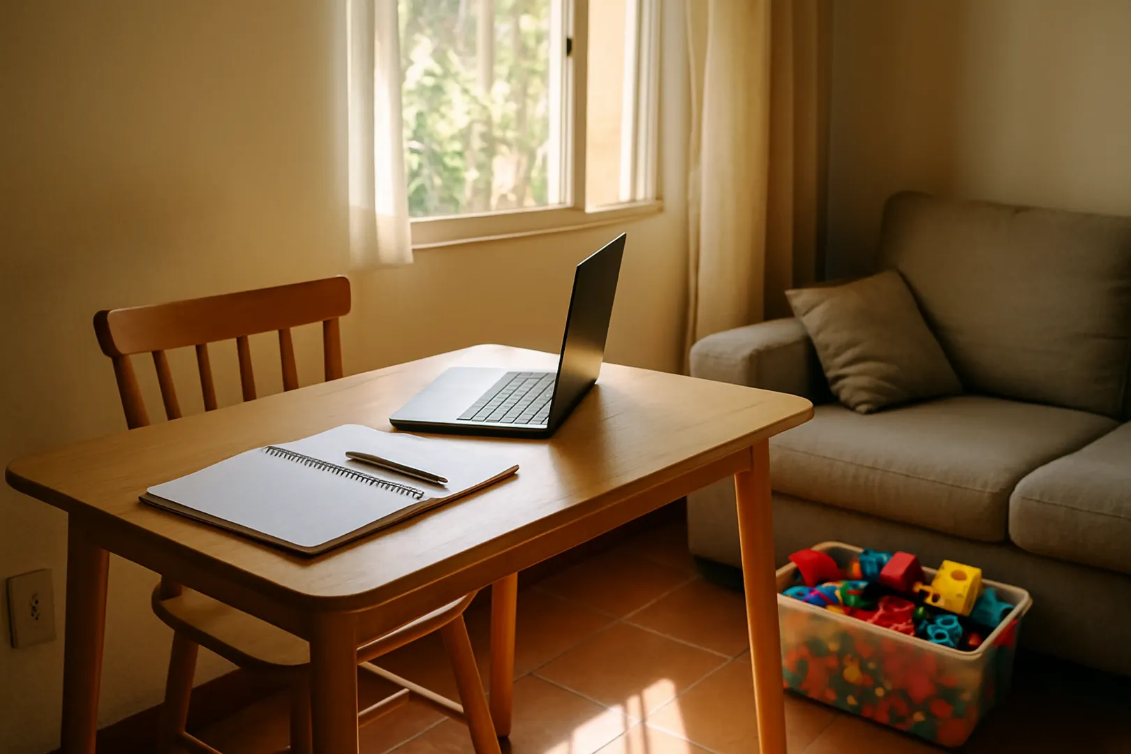 Mesa de estudo para concurso montada na sala de casa com brinquedos de criança ao lado
