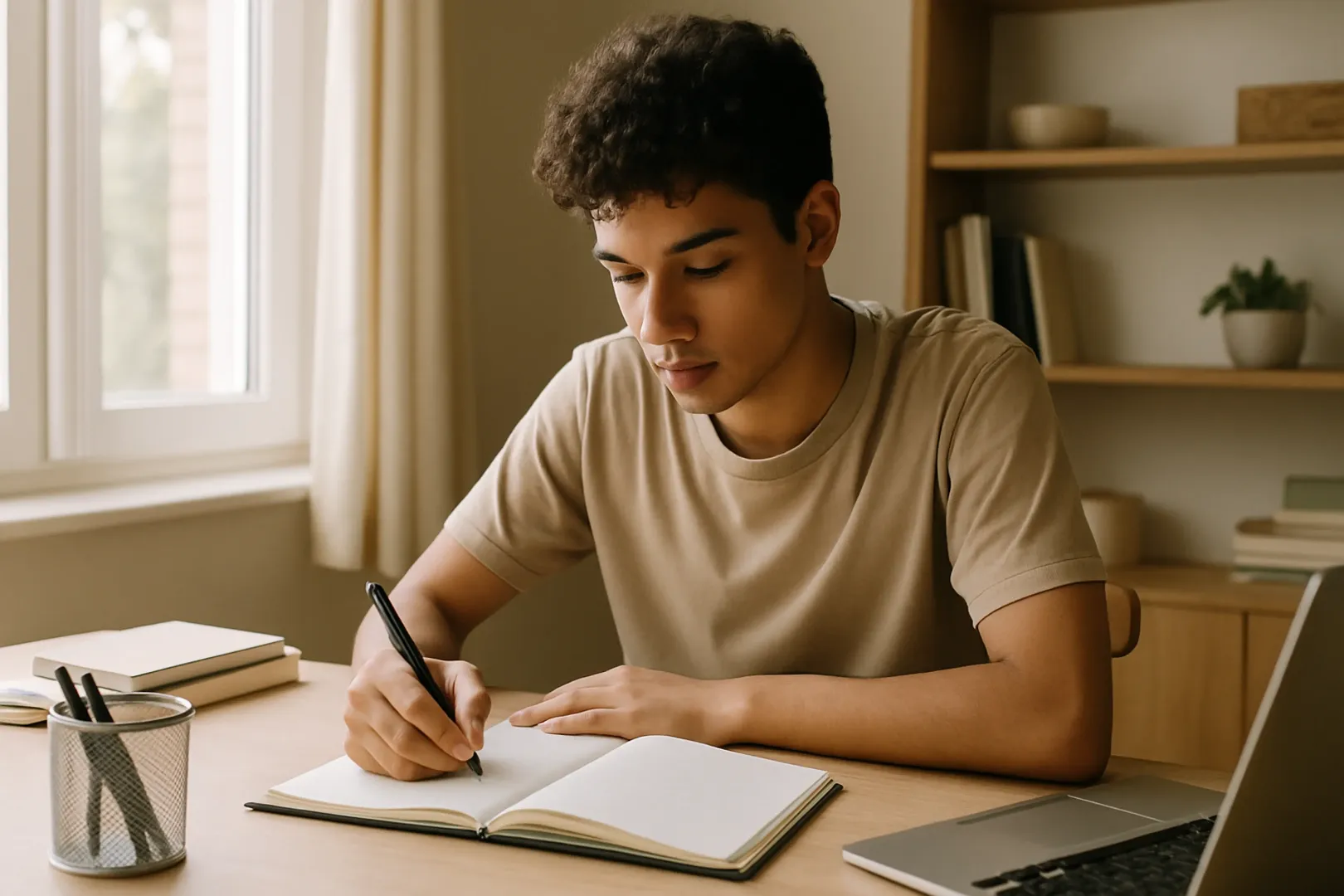 Estudante organizando cronograma de estudos para o Enem em mesa iluminada pela manhã