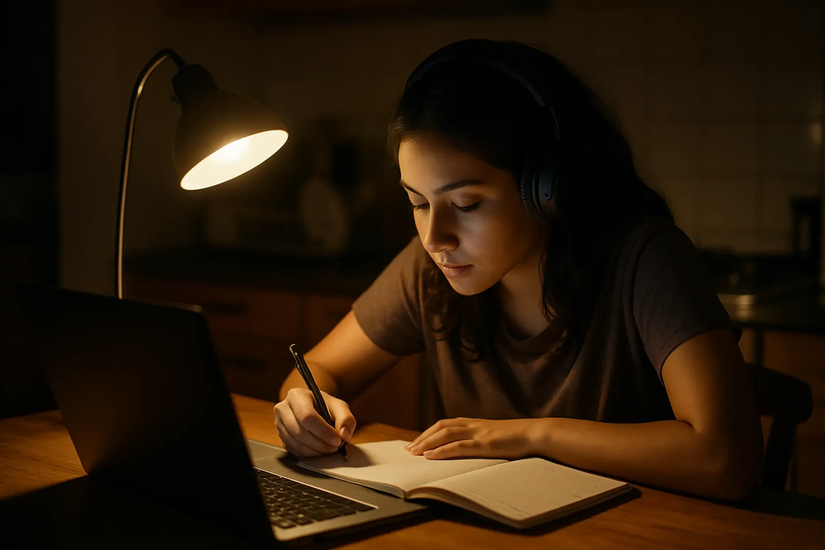 Pessoa estudando com fone de ouvido em mesa de cozinha à noite para focar nos estudos