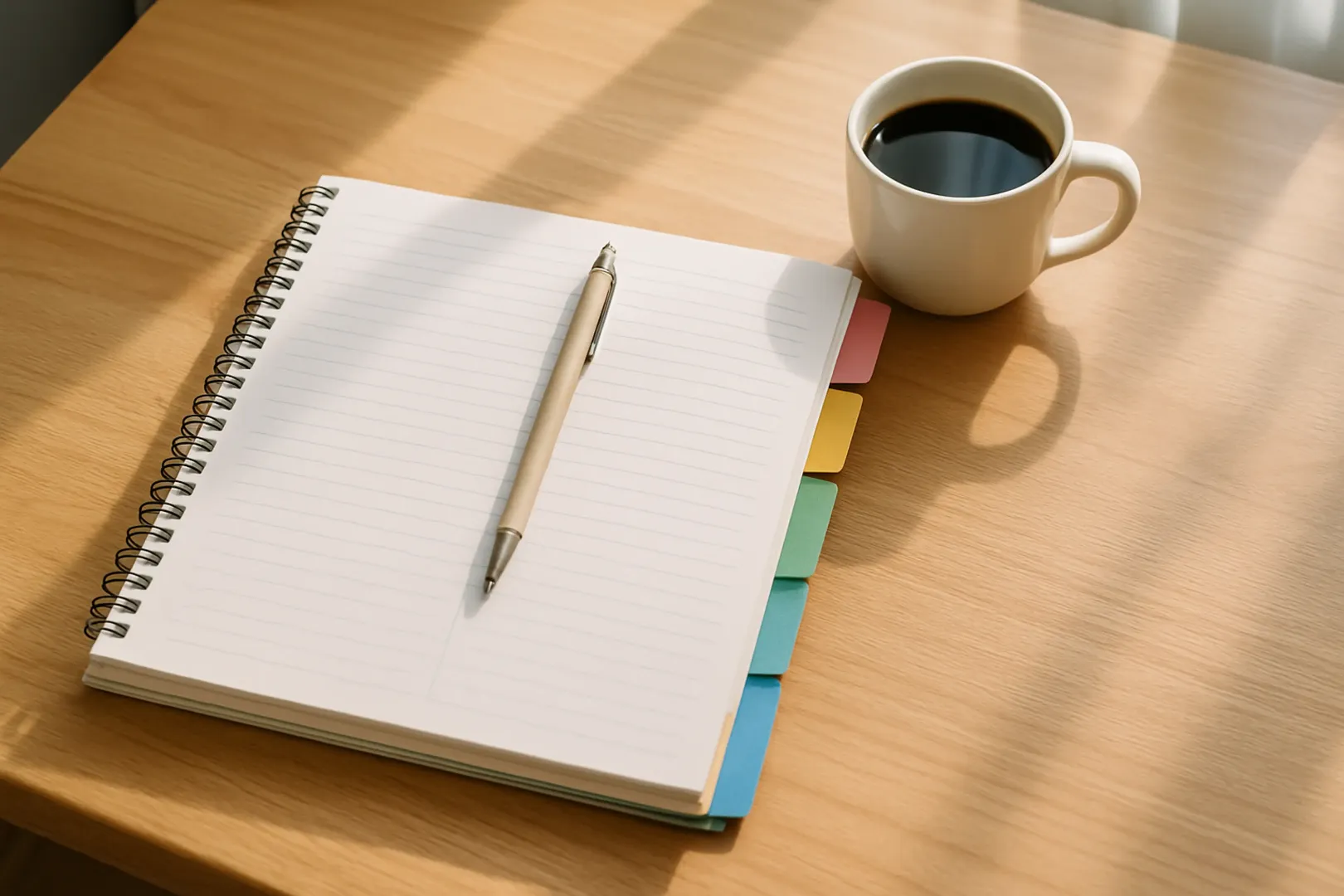 Mesa de estudo com caderno aberto dividido por abas e caneta ao lado