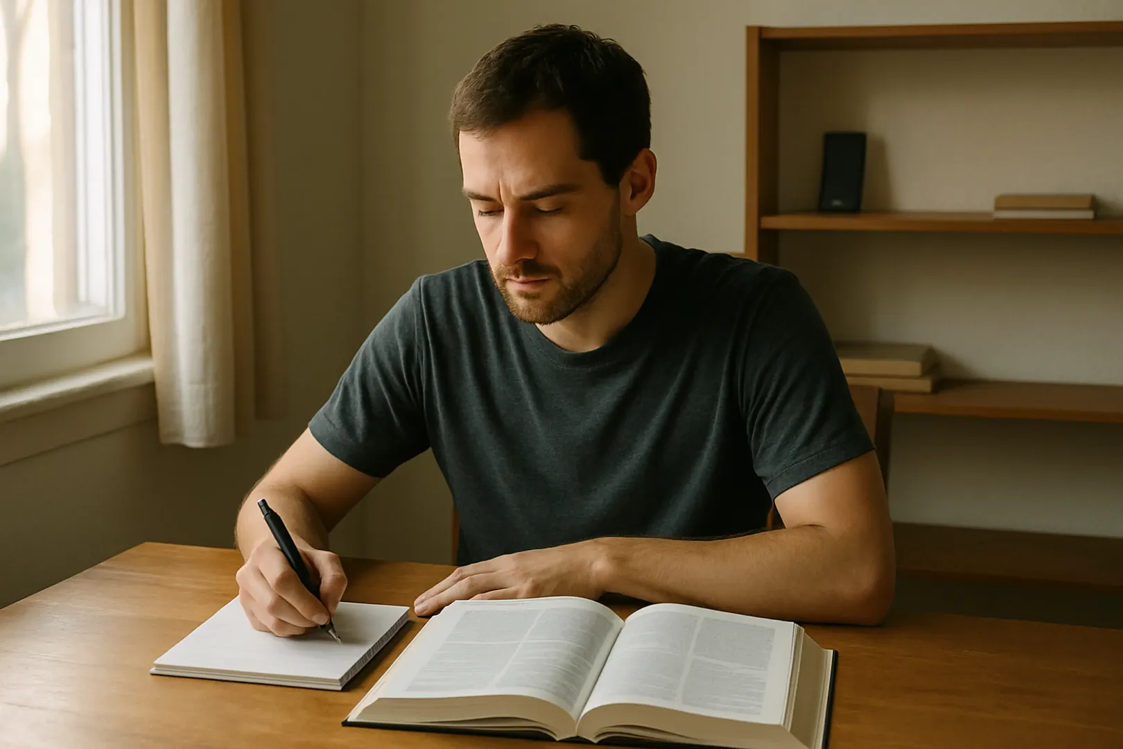 Pessoa sentando à mesa de estudo de manhã para começar o bloco de estudo para concurso