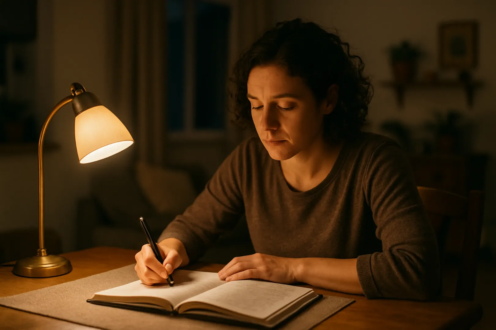 Pessoa adulta estudando para concurso em casa no fim do dia, com caderno e questões