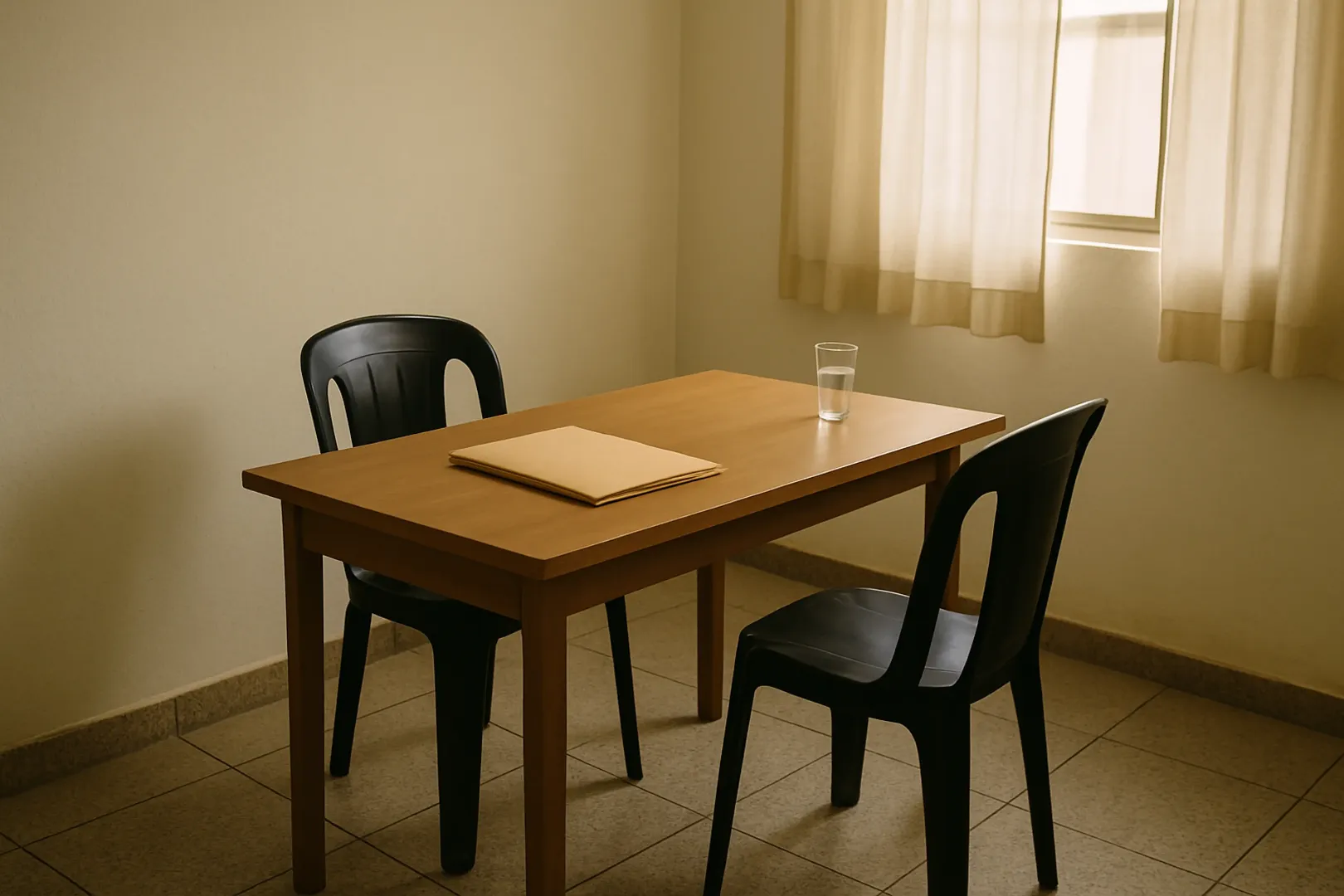 Sala de atendimento de equipamento público de assistência social com mesa e cadeiras