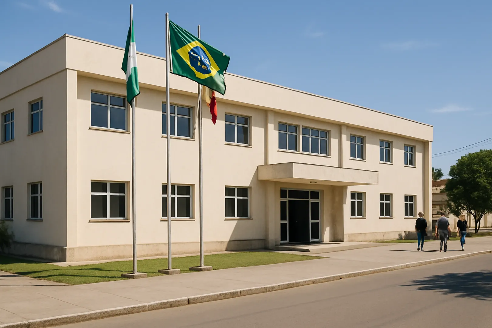 Fachada de prédio de prefeitura municipal em dia claro, ambiente de administração pública local