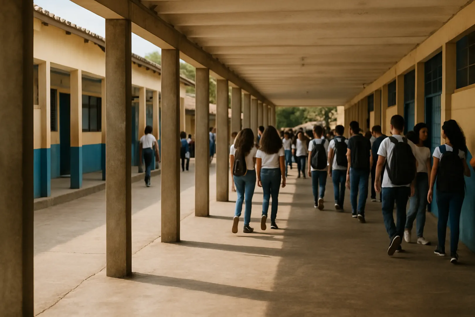 Pátio de escola pública durante o intervalo com estudantes circulando