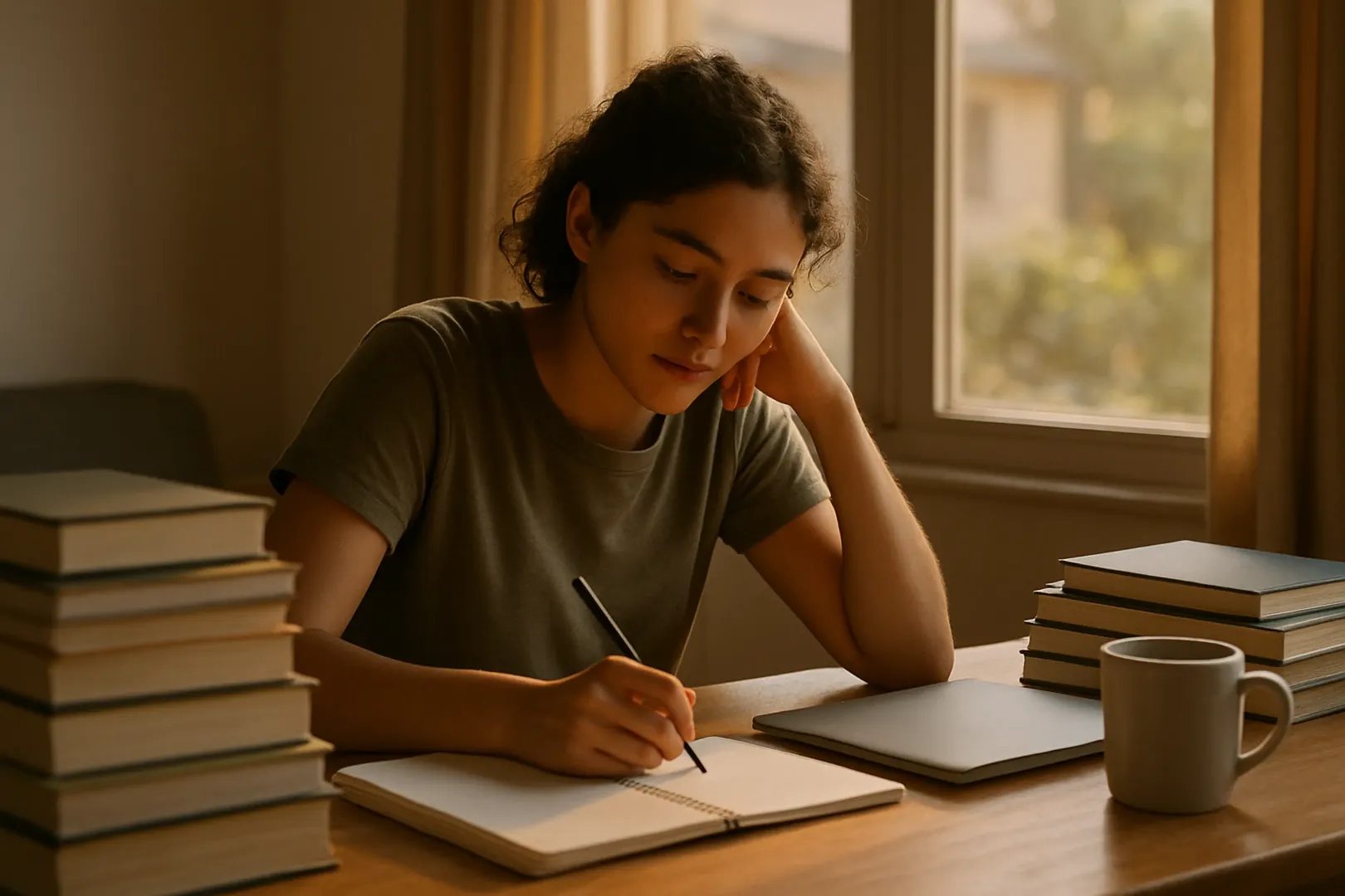 Estudante organizando material de faculdade e de concurso na mesma mesa de estudo
