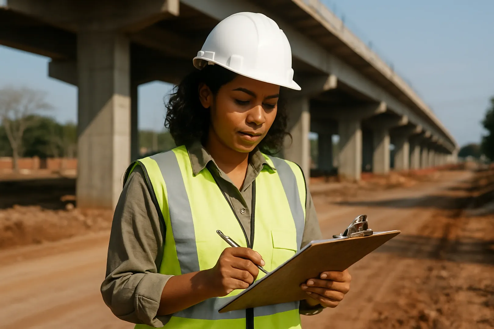 Engenheira em canteiro de obra pública conferindo medição de serviço com prancheta