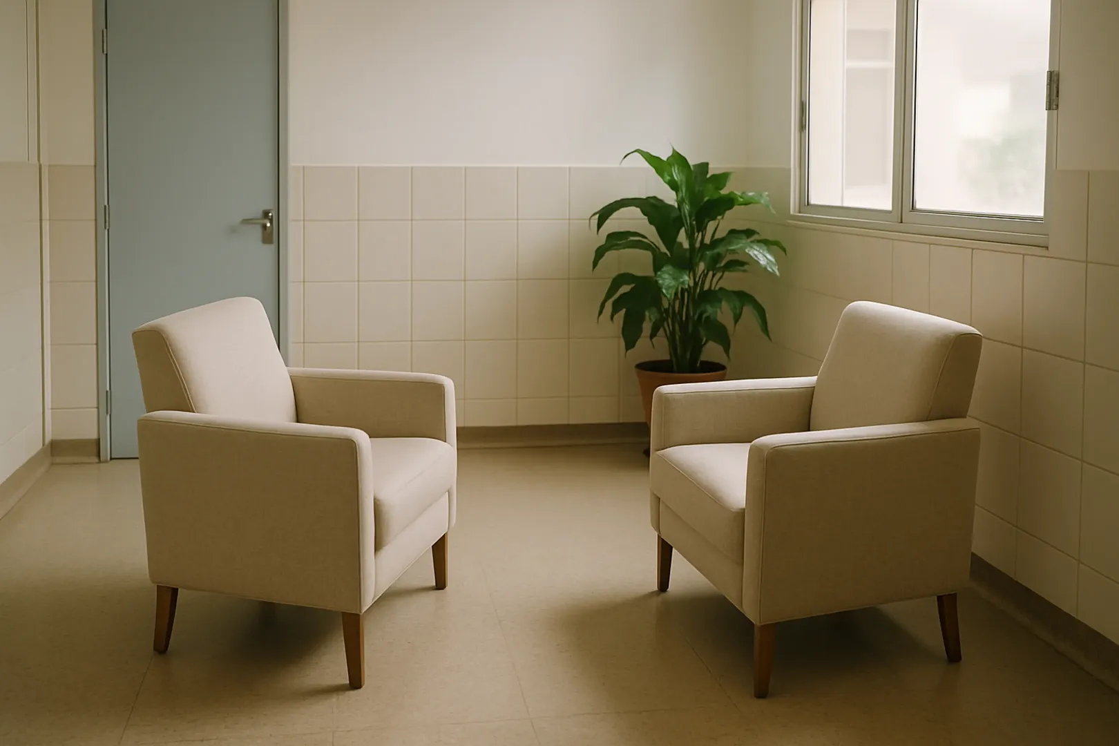 Sala de atendimento de psicólogo em serviço público, com poltronas e ambiente acolhedor