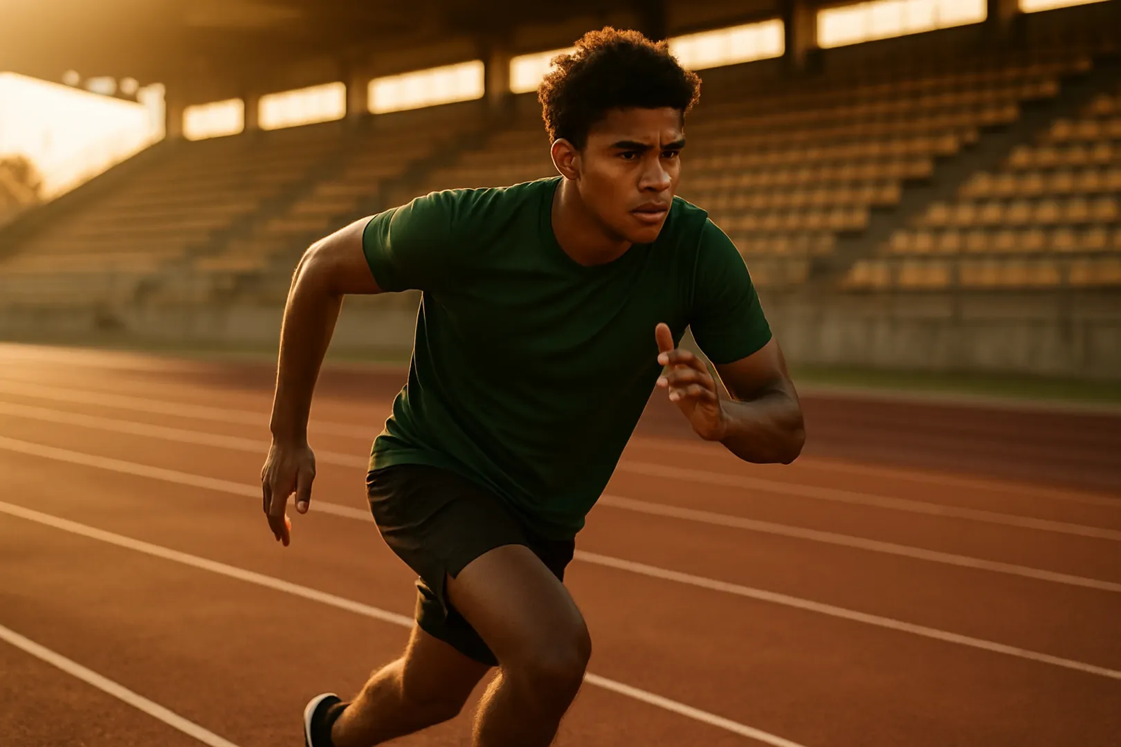 Jovem treinando corrida ao amanhecer para o teste físico de concurso das Forças Armadas