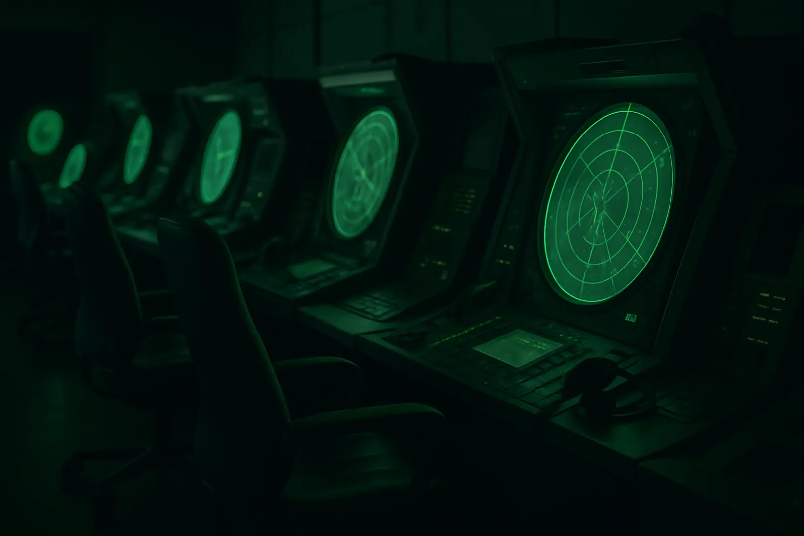 Ambiente de trabalho de controle de aproximação com telas de radar e console de operação