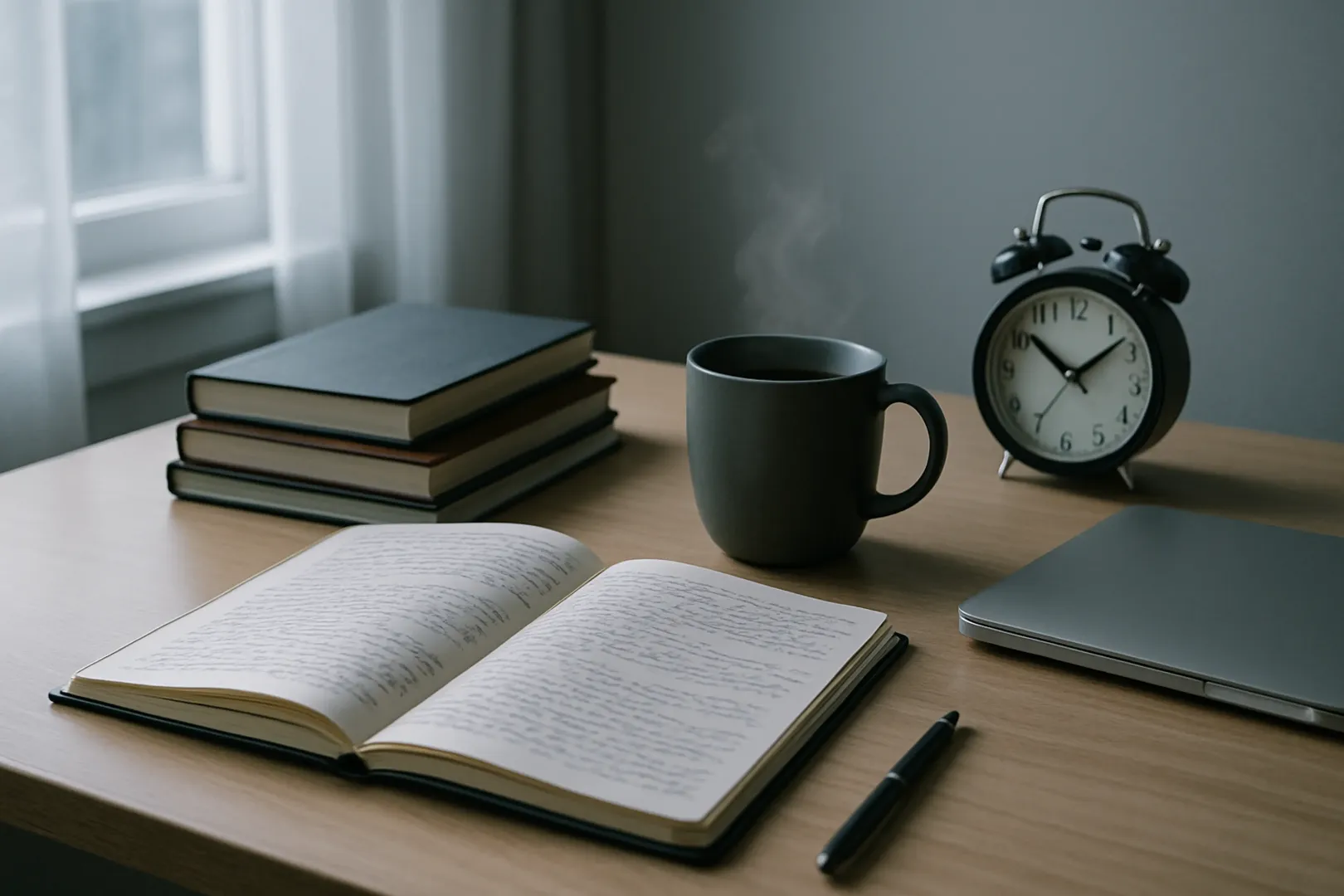 Mesa de estudos organizada de manhã cedo com caderno de revisão e planilha de acompanhamento