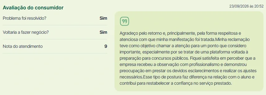 Avaliação de cliente. Fonte: Portal Concursos