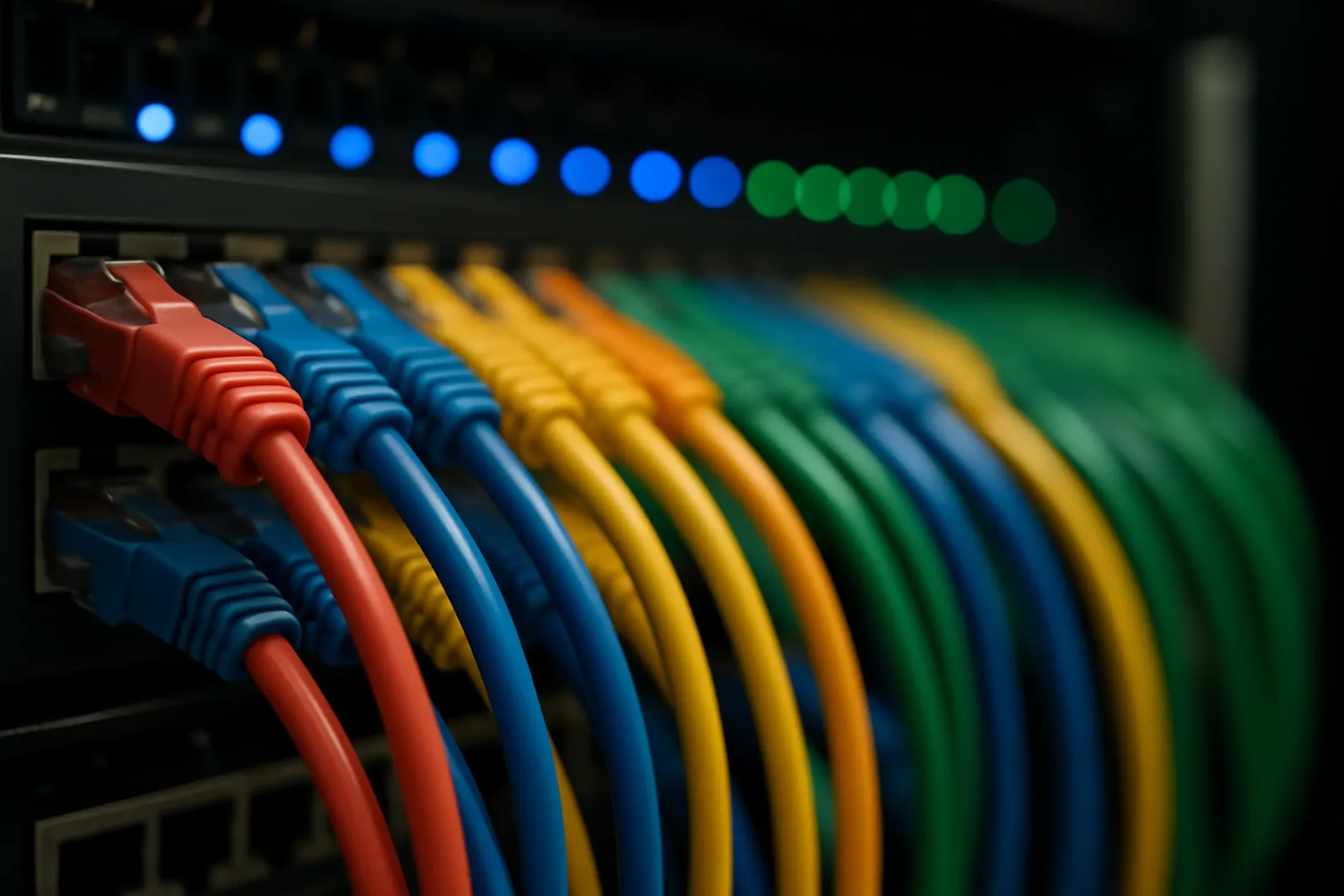 Cabos de rede coloridos organizados em um rack de equipamentos