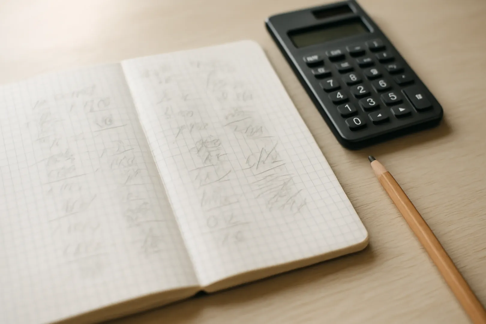Caderno quadriculado com contas de equação do primeiro grau resolvidas à mão para concurso