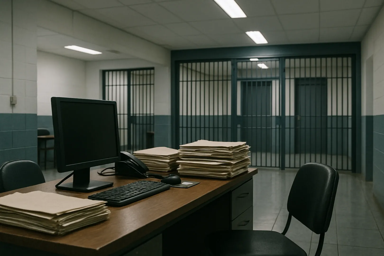 Escrivão de polícia digitando termo de depoimento em mesa de delegacia