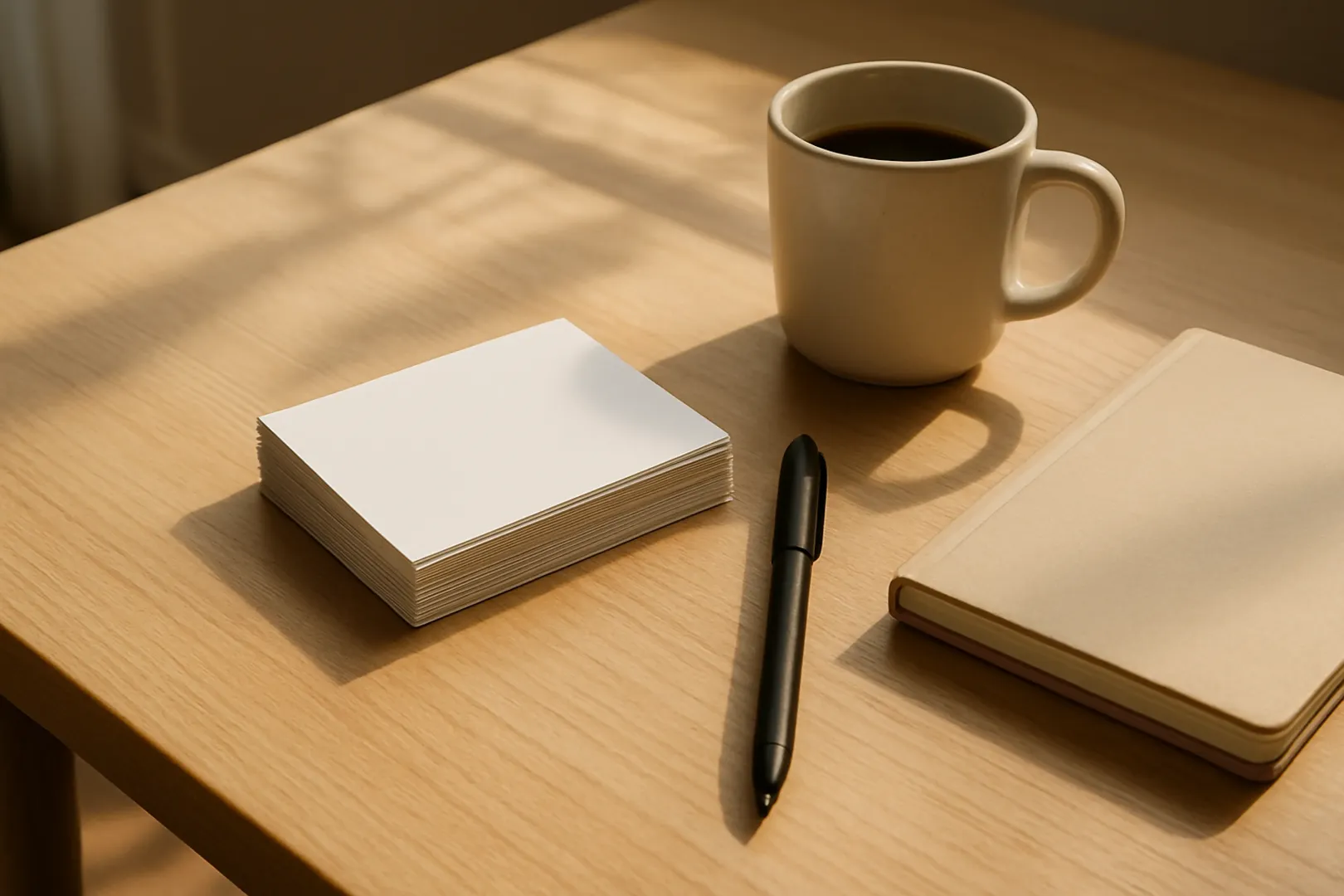 Mesa de estudo com fichas de papel em branco e caneta, usada para montar flashcards