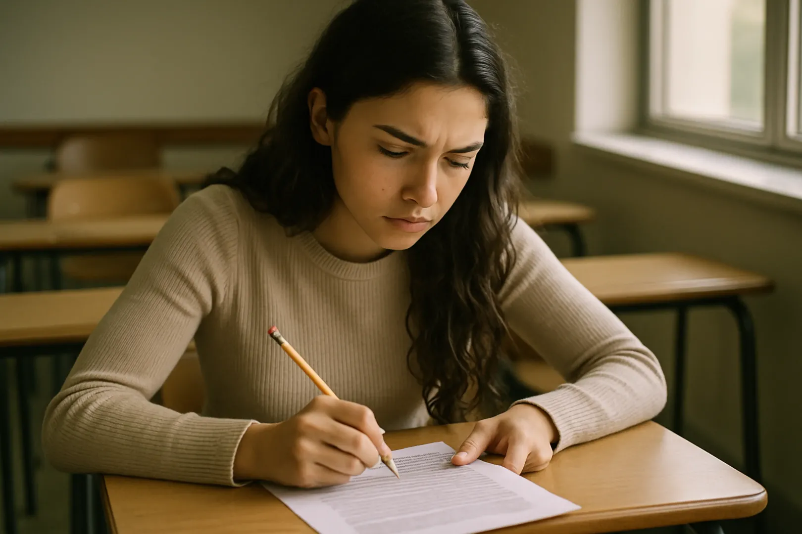 Candidata lendo prova impressa e marcando parágrafos, tema interpretação de texto para concurso