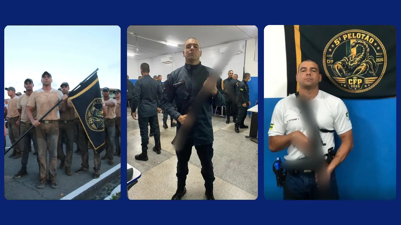 Três fotos de José Kleber no curso de formação: com a bandeira do pelotão, uniformizado em sala de aula e diante da bandeira do 5º Pelotão CFP 2026