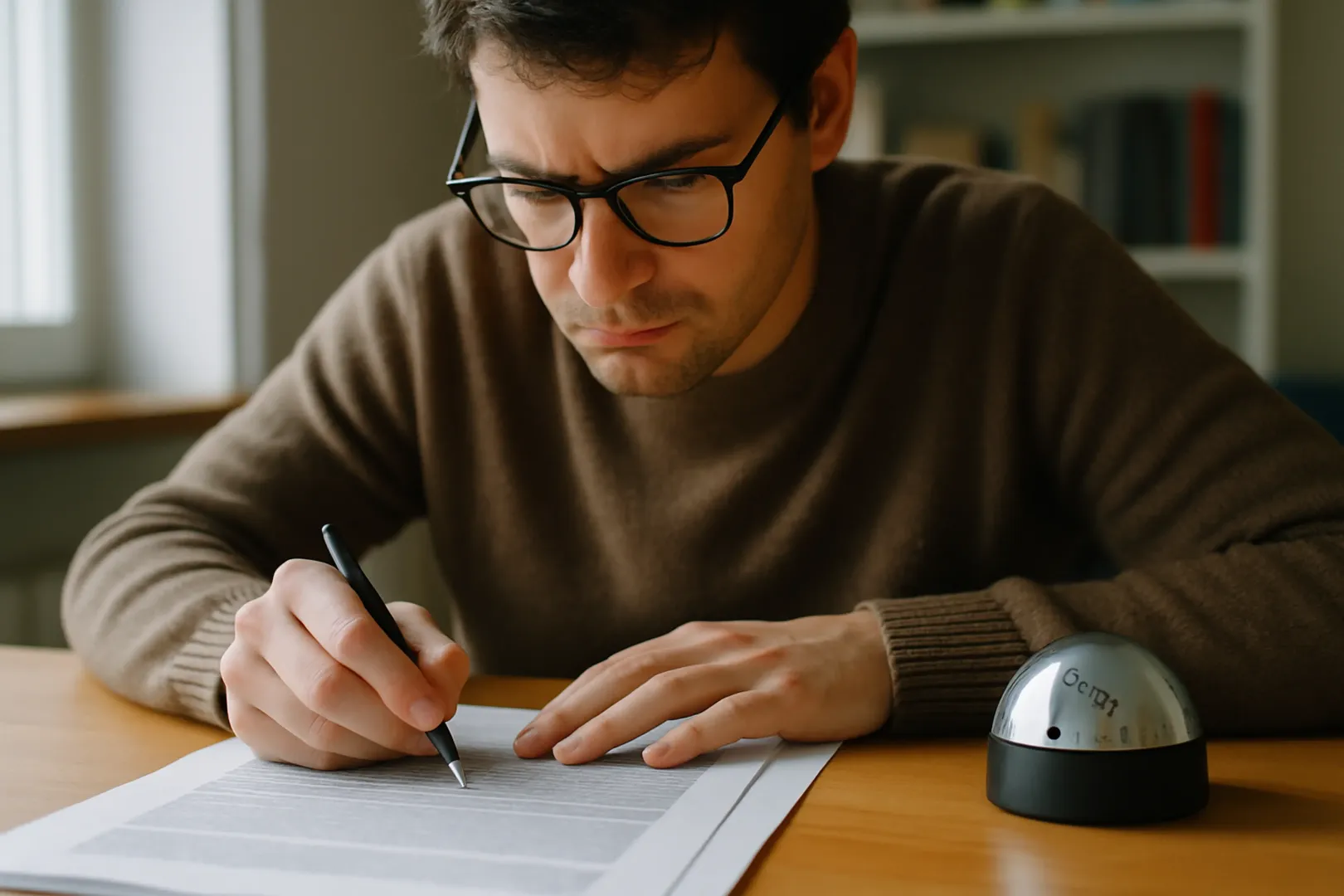 Pessoa treinando leitura dinâmica com caneta guiando a linha do texto e cronômetro ao lado