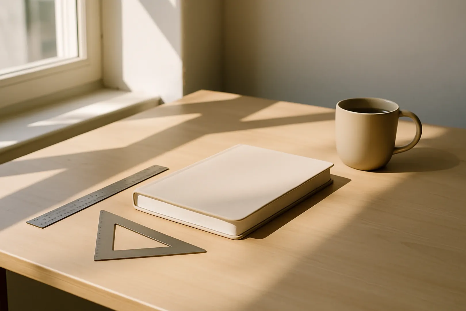 Mesa de estudos com régua e caderno fechado para treinar matemática do Enem