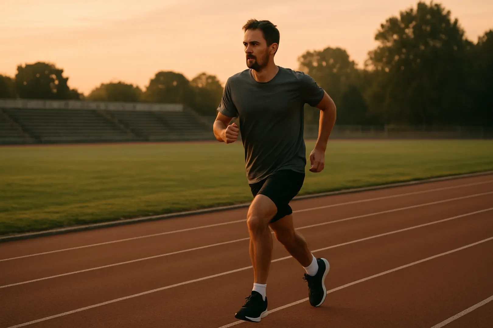 Candidato treinando corrida em pista ao amanhecer para o teste de aptidão física de guarda municipal