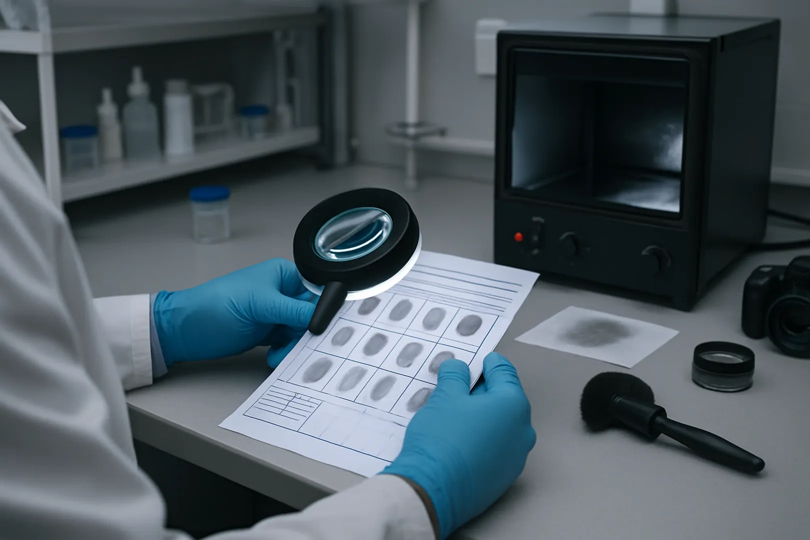 Profissional de identificação analisando impressões digitais em laboratório
