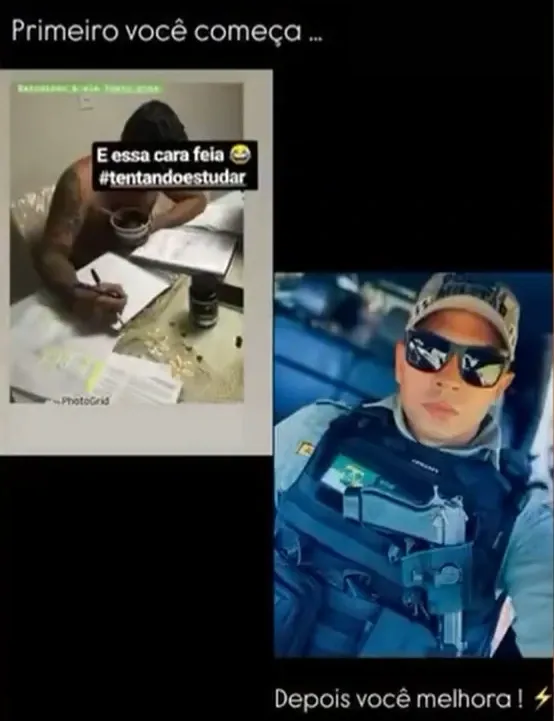 "Montagem de antes e depois: de um lado, o Neto estudando com cadernos e anotações; do outro, já como policial militar"