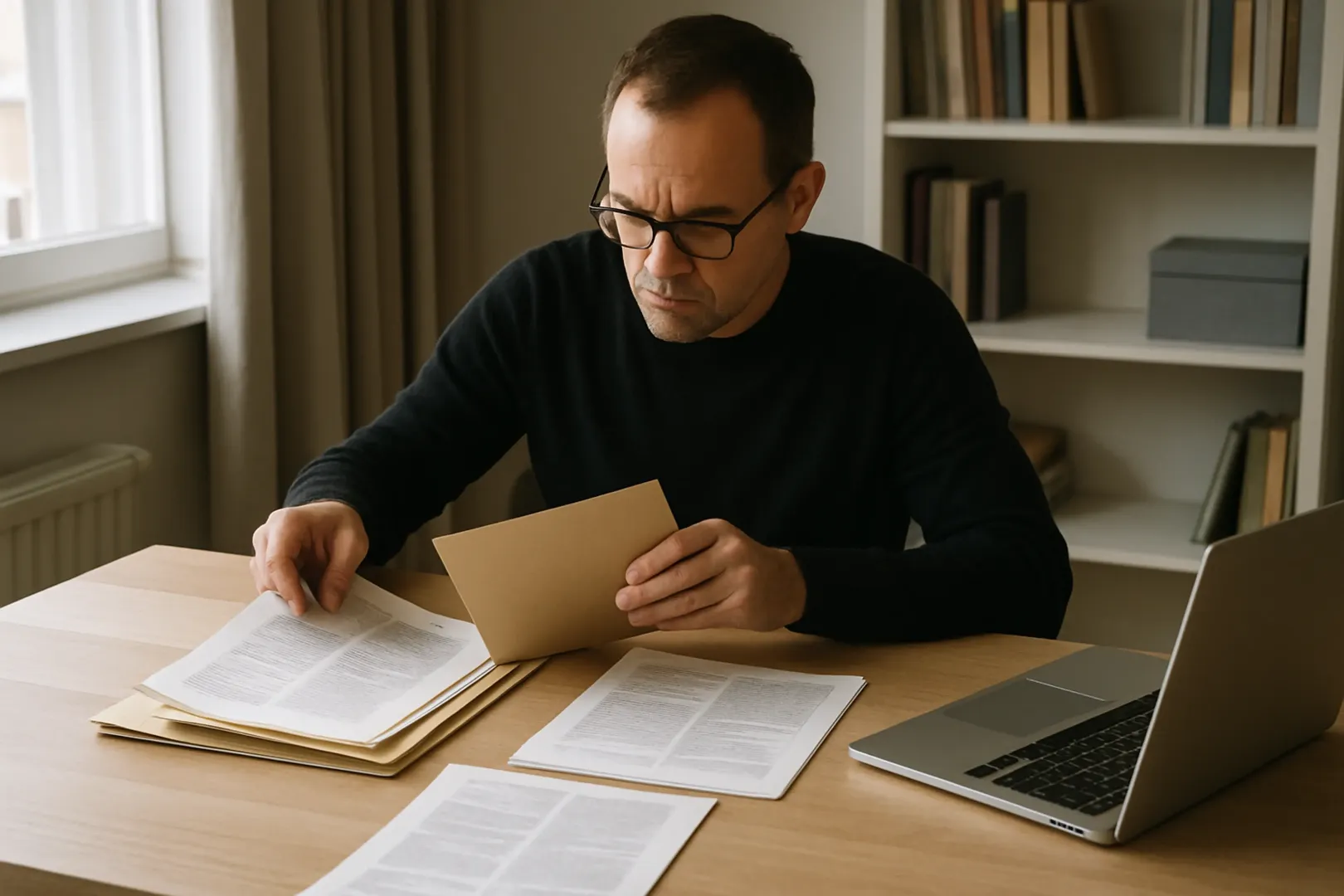 Candidato aprovado organizando documentos e publicações oficiais sobre a mesa para comprovar preterição