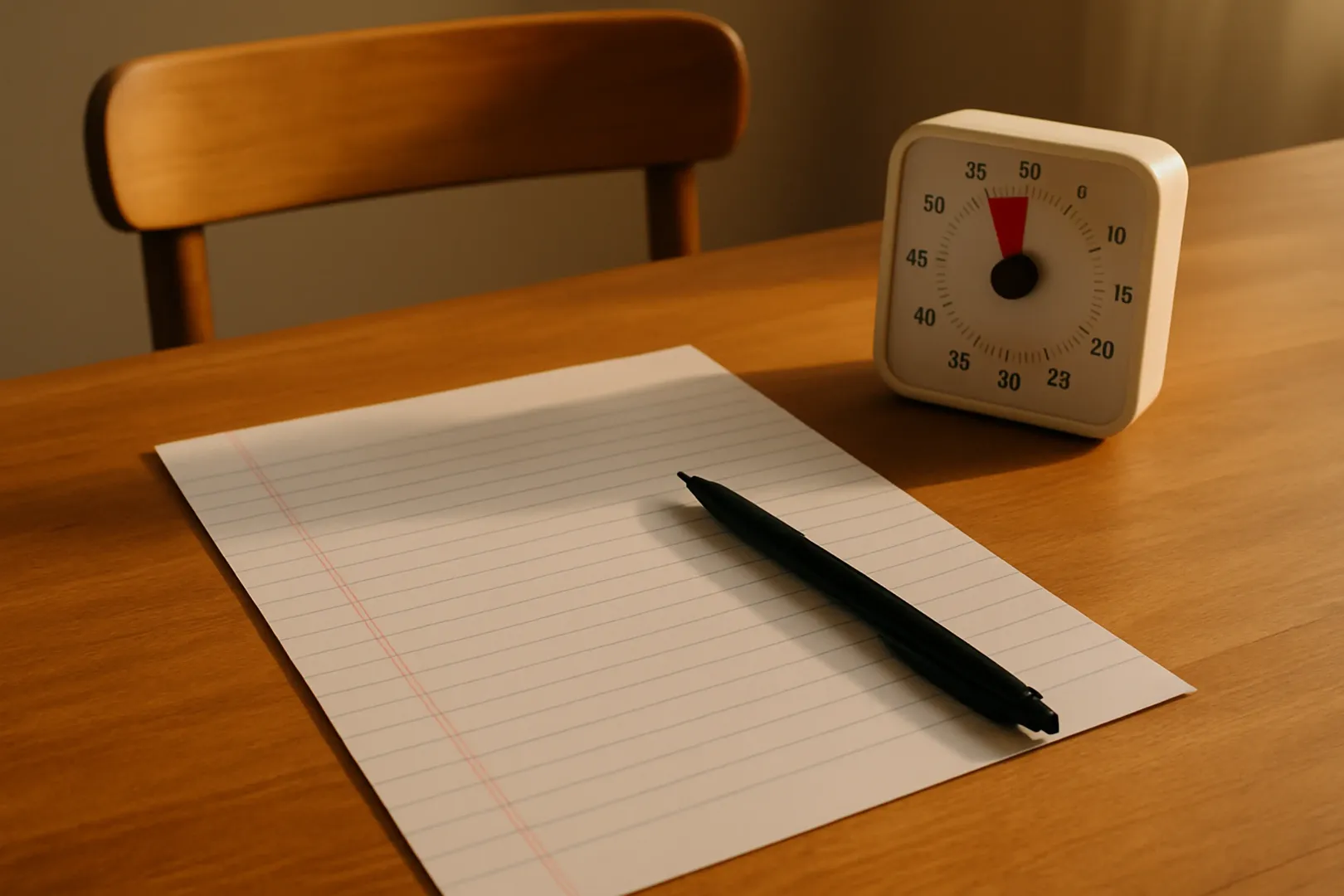 Mesa de estudos preparada para treino de prova discursiva com folha pautada e cronômetro