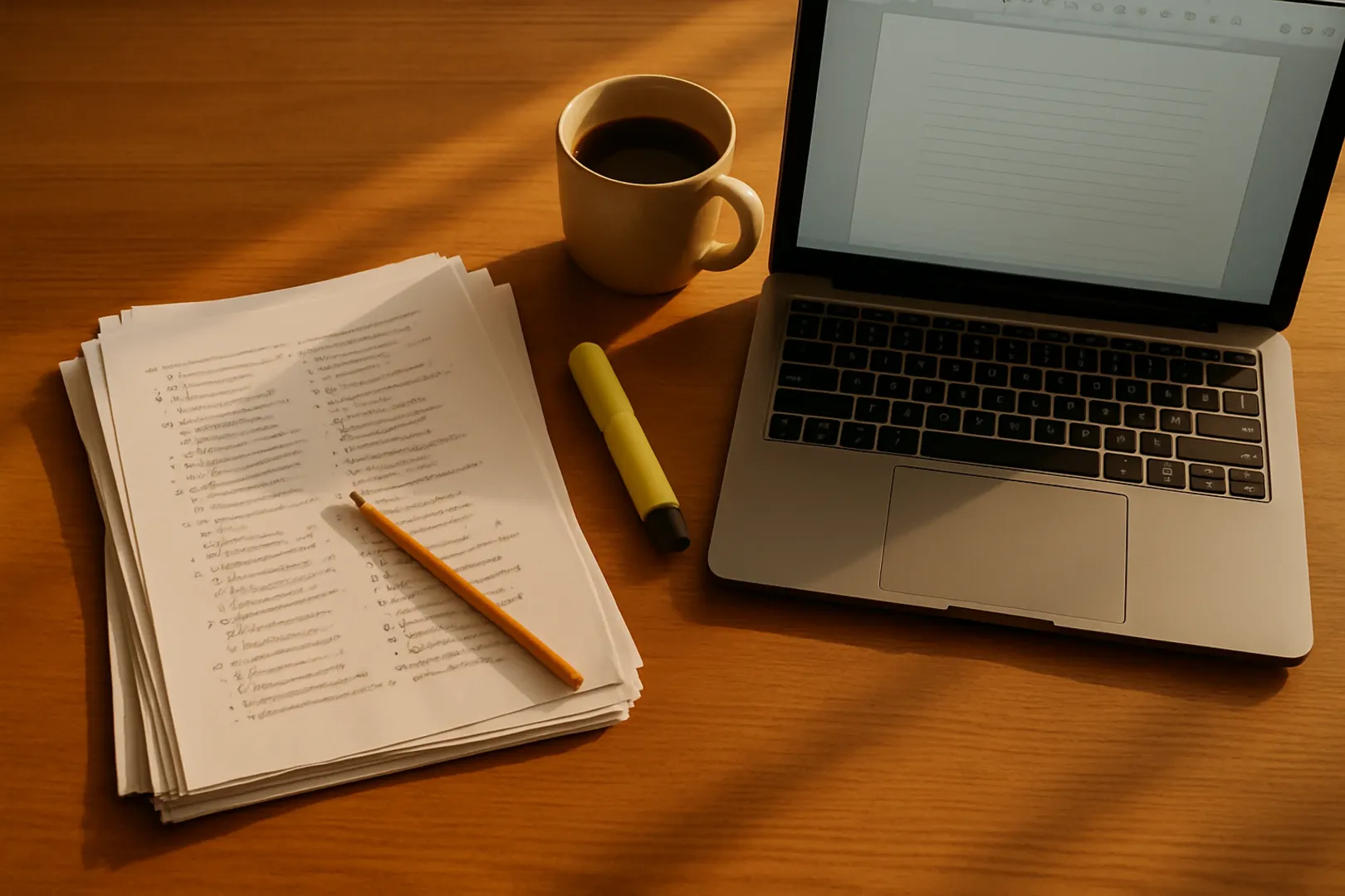 Mesa de estudo com cadernos de provas antigas de concurso impressos e um notebook aberto