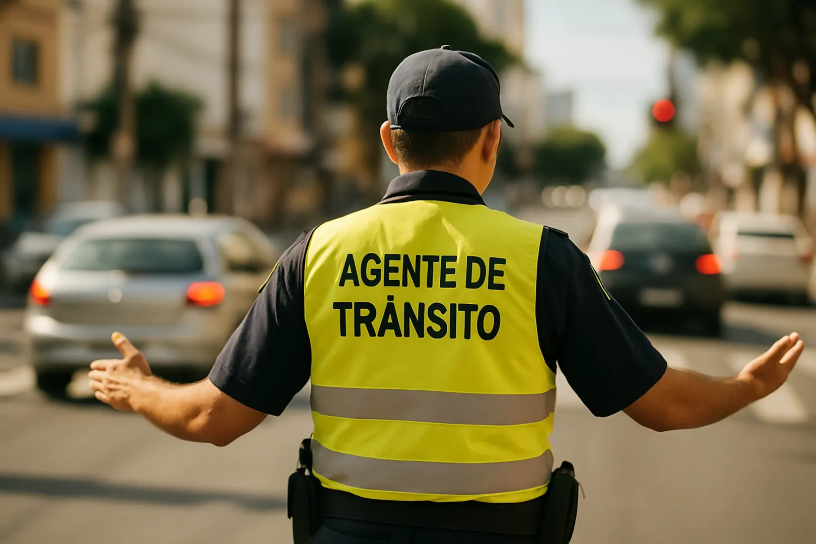 Agente de trânsito uniformizado orientando o fluxo de veículos em cruzamento urbano