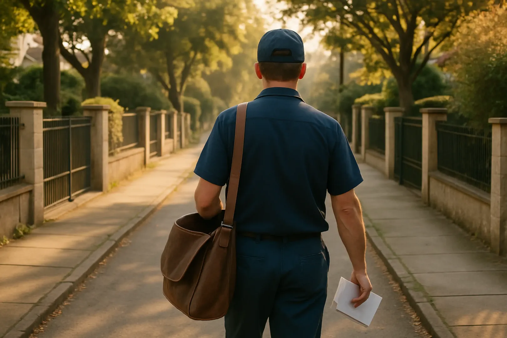 Carteiro com bolsa de entrega a tiracolo caminhando por rua residencial durante o trabalho de distribuição