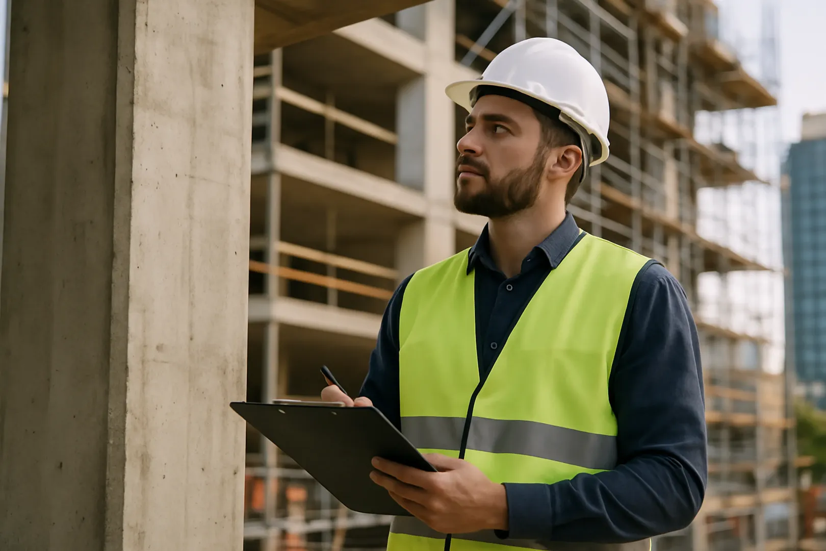 Engenheiro civil fiscalizando obra pública com prancheta e capacete de segurança