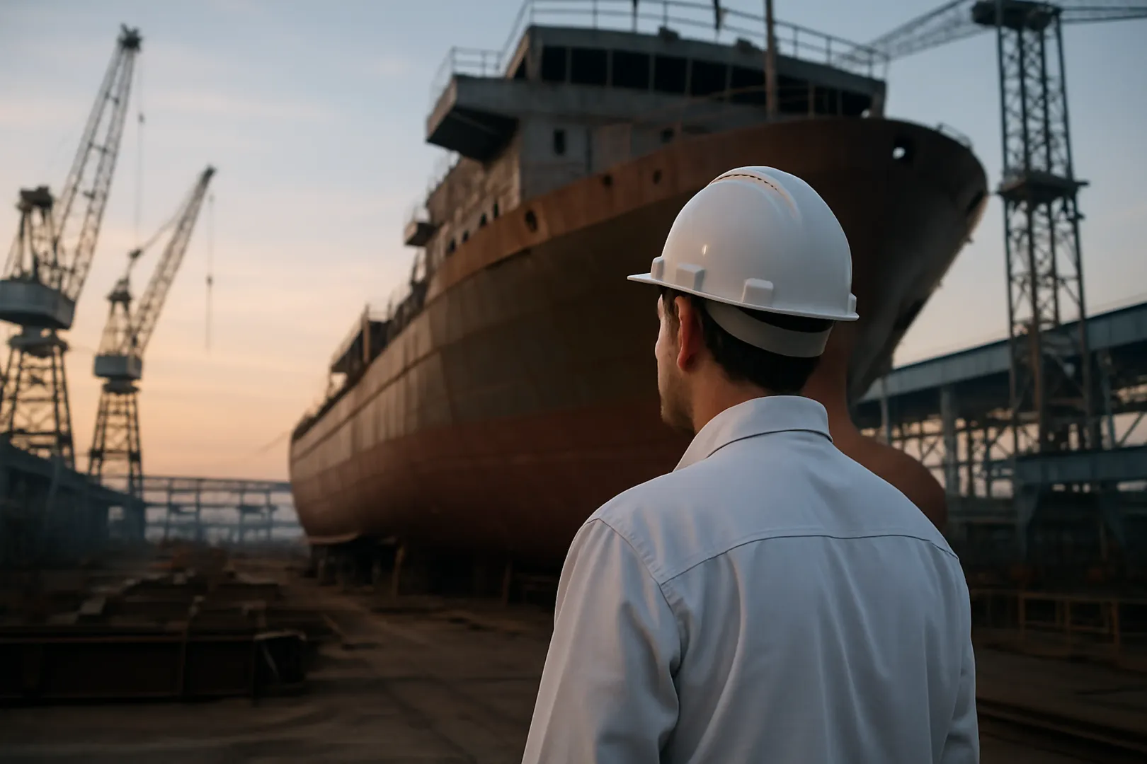 Engenheiro naval militar inspecionando casco de navio em estaleiro