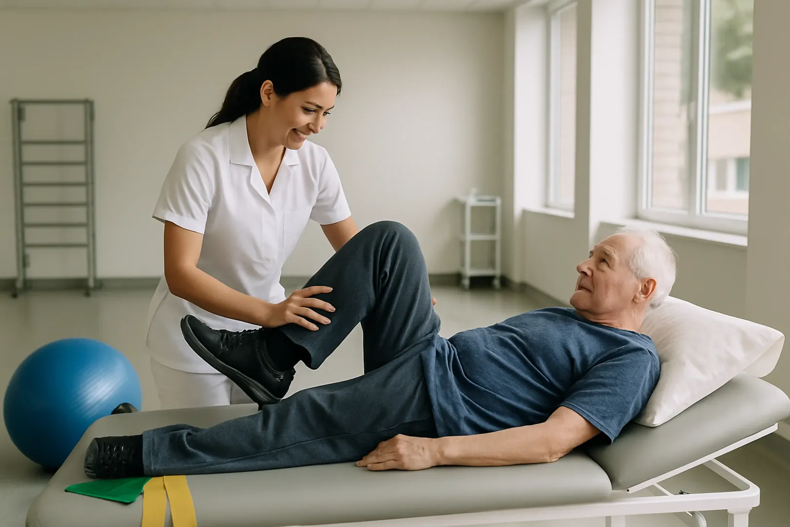 Fisioterapeuta atendendo paciente em sala de reabilitação de hospital público