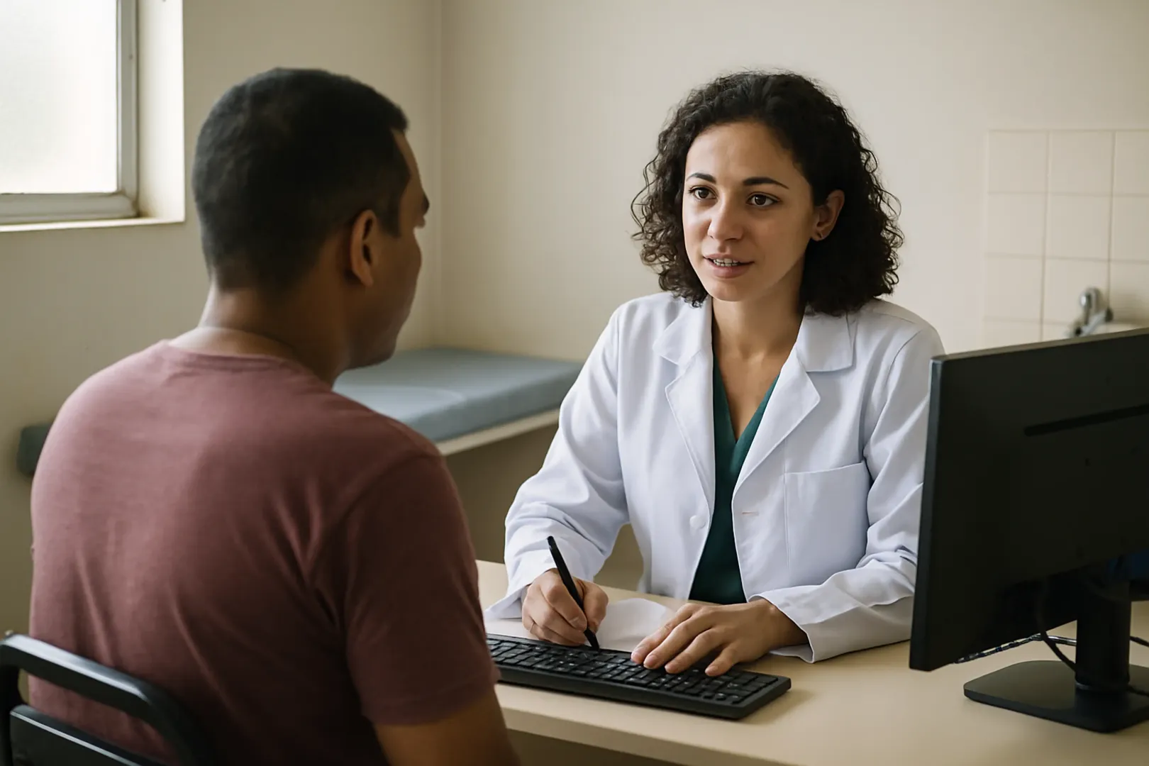 Médica em consultório de unidade pública de saúde atendendo e registrando o prontuário