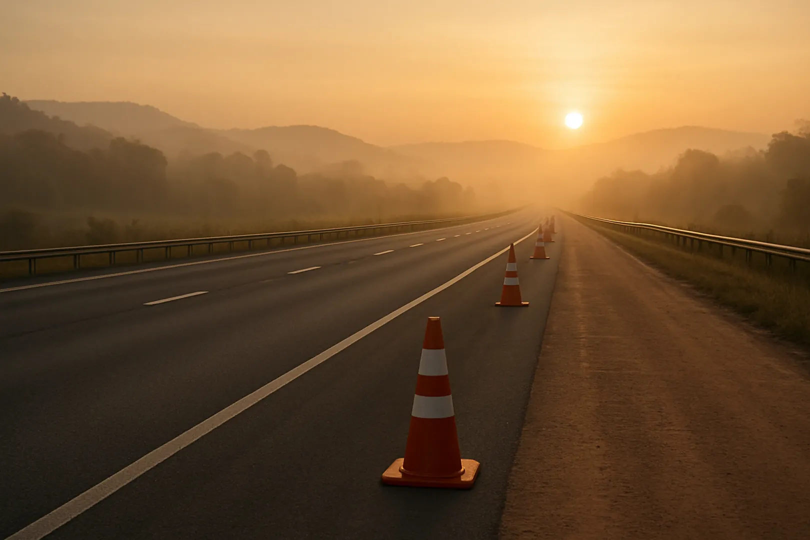 Trecho de rodovia federal ao amanhecer, ambiente de trabalho do policial rodoviário federal