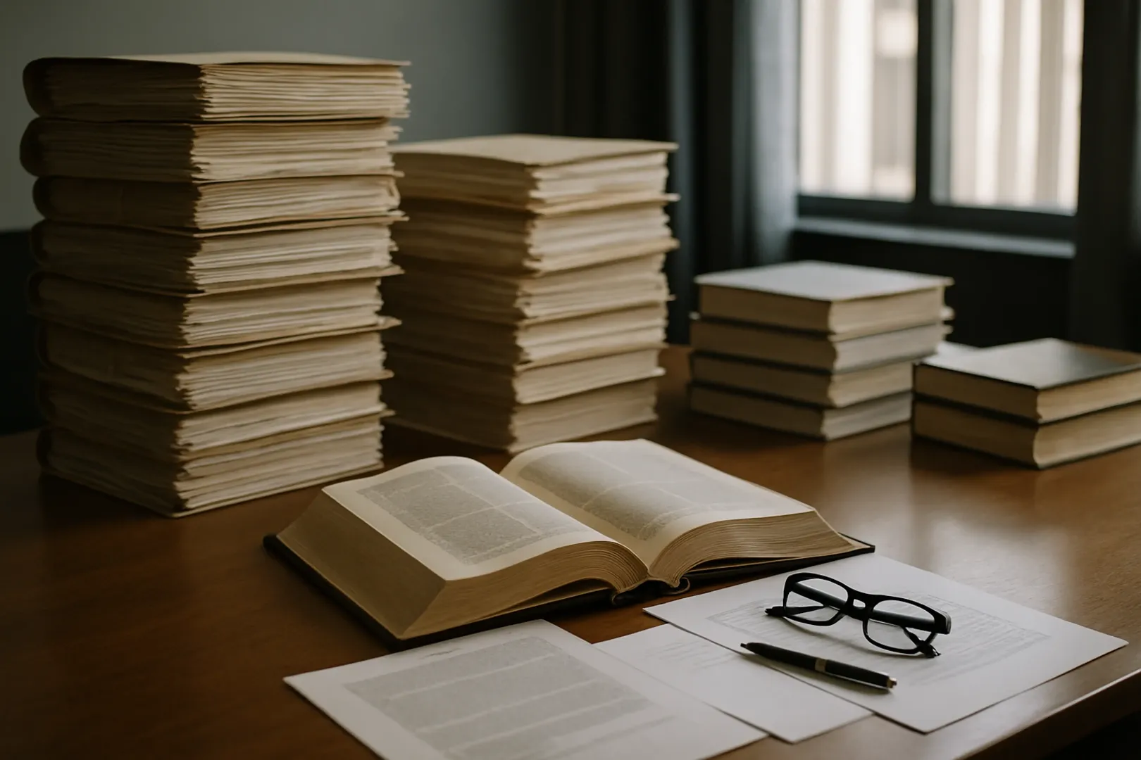 Mesa de trabalho de advogado público com processos e livros de legislação